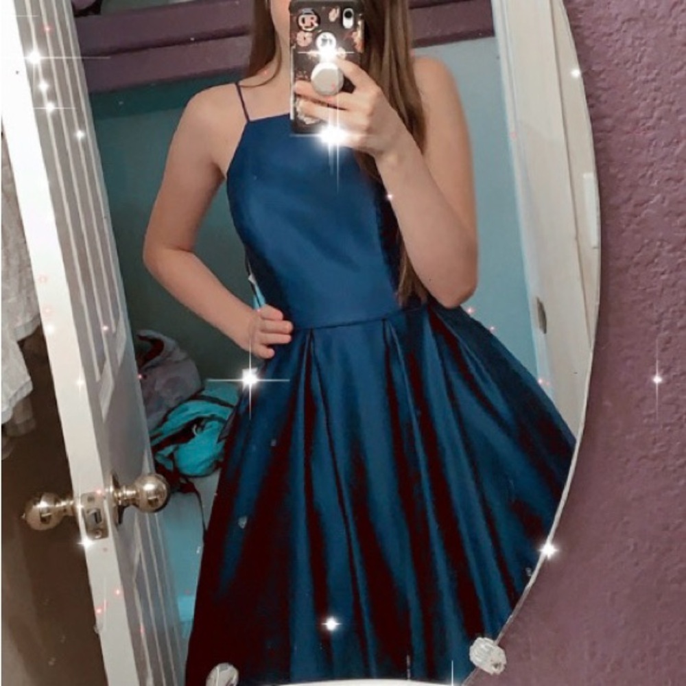 Blue Pleated High Low Halter Dress